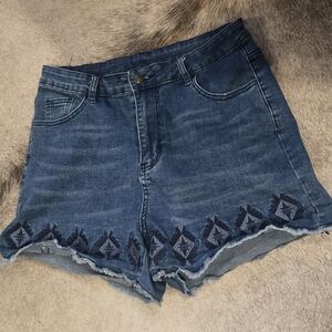 Crazy Train Blue Jean Shorts with Distressed Hem W/ Embroidered Aztec